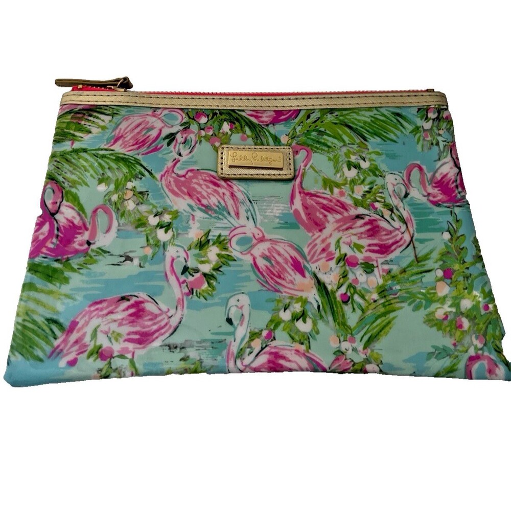 Lilly Pulitzer Pink Flamingo Vinyl Pouch bag zip Pencil Case makeup